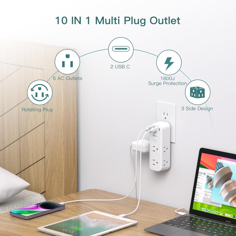 Addtam Surge Protector Wall Outlet Extender, Multi Plug Outlet with Rotating Plug, 6 AC Outlets 4 USB Ports (2 USB C), 1800J, 3-Side Power Strip Wall Mount, Outlet Splitter for College Dorm Travel Essentials - Image 2
